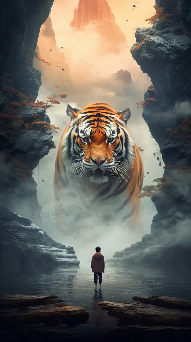女孩身后是老虎巨大的虎头雄伟的老虎烟云中国山水背景