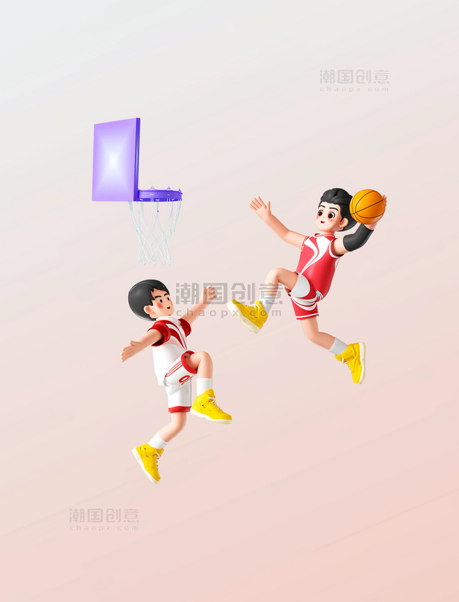 3D立体运动会男运动员人物三人篮球项目形象亚运会