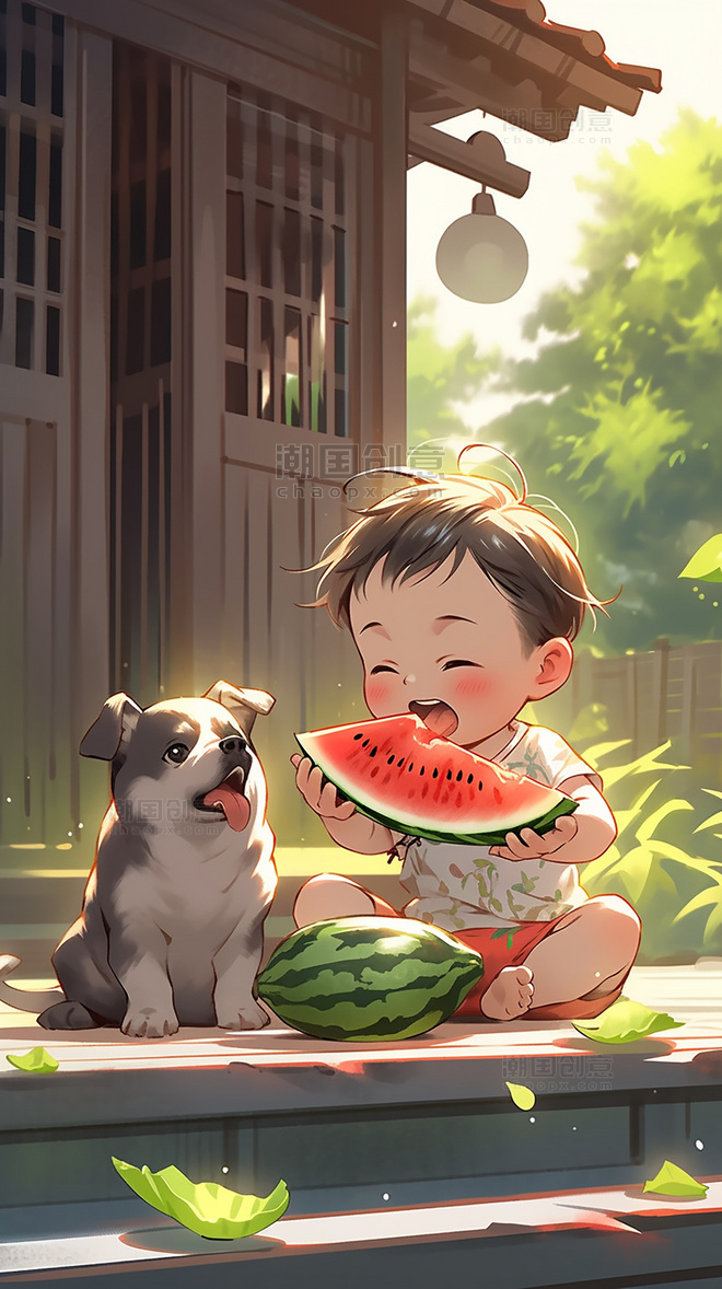 夏天一个小女孩正在农村的院子里吃西瓜很可爱很新鲜绿色插画