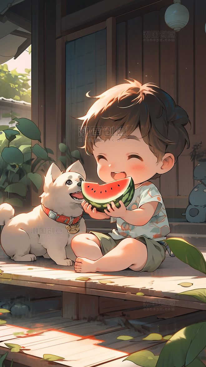狗狗很可爱很新鲜绿色插画夏天一个小女孩正在农村的院子里吃西瓜
