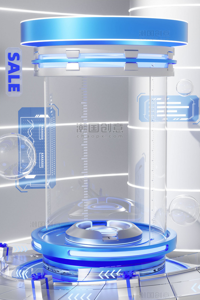 蓝色简约科技感3D立体商品展示柜玻璃柜电商场景