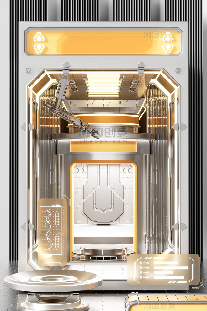 3D立体科技感金色展示柜产品展台场景