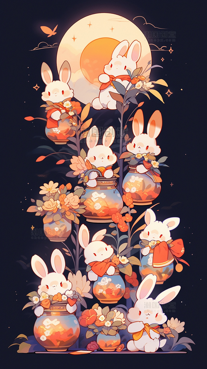 创意插画中秋节中国传统节日可爱的兔子月饼月亮灯笼扁平插画