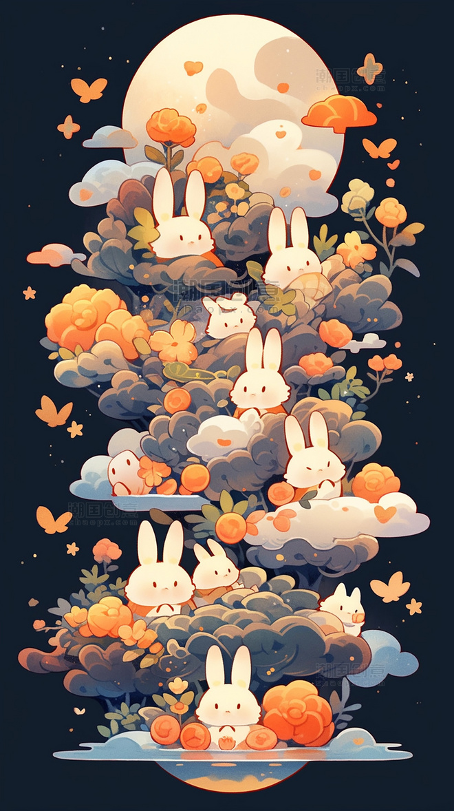 月饼月亮中秋节中国传统节日可爱的兔子灯笼扁平插画创意插画