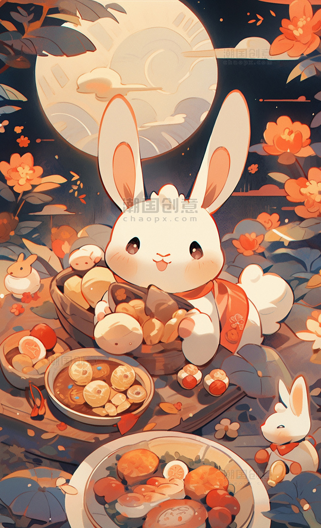 中秋节中国传统节日可爱的兔子扁平插画月饼月亮灯笼创意插画
