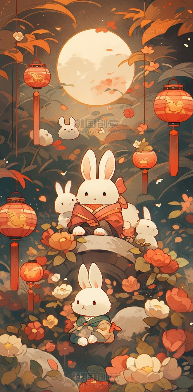 中秋节中国传统节日可爱的兔子月饼月亮灯笼扁平插画