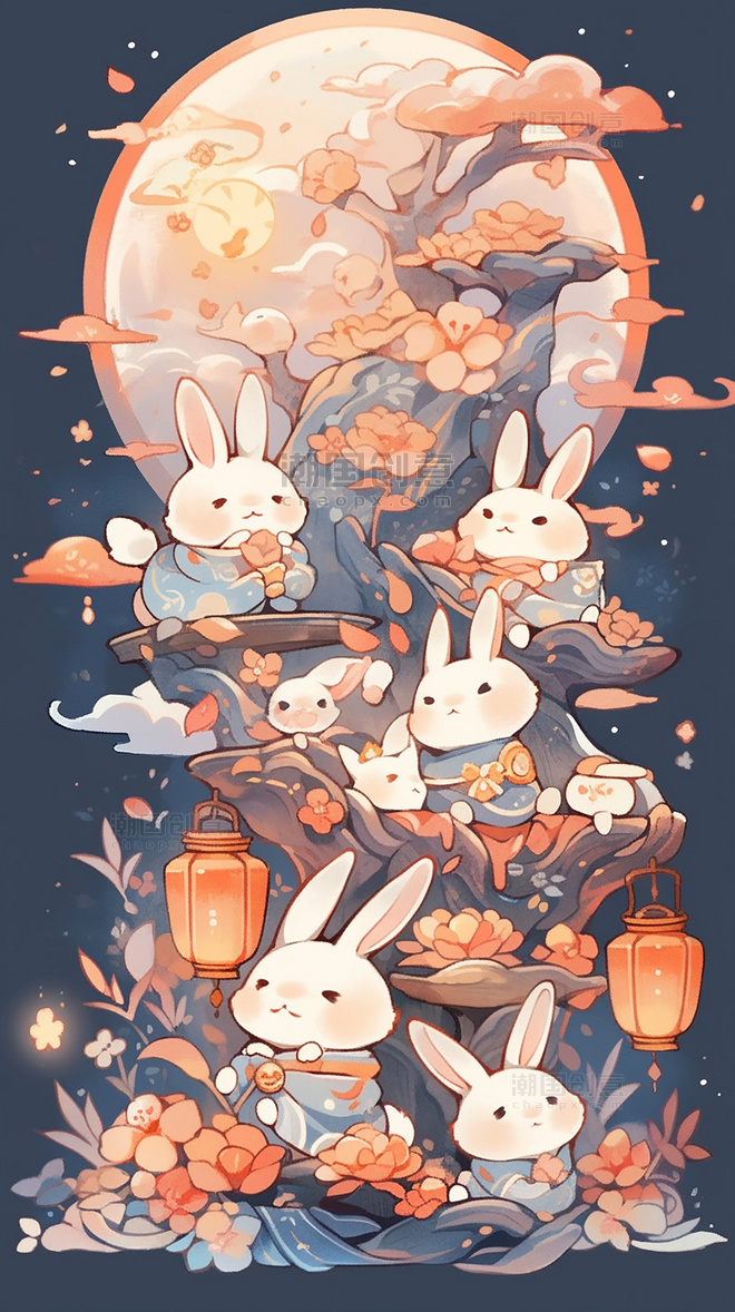 中秋节中国传统节日可爱的兔子月饼扁平插画创意插画月亮灯笼