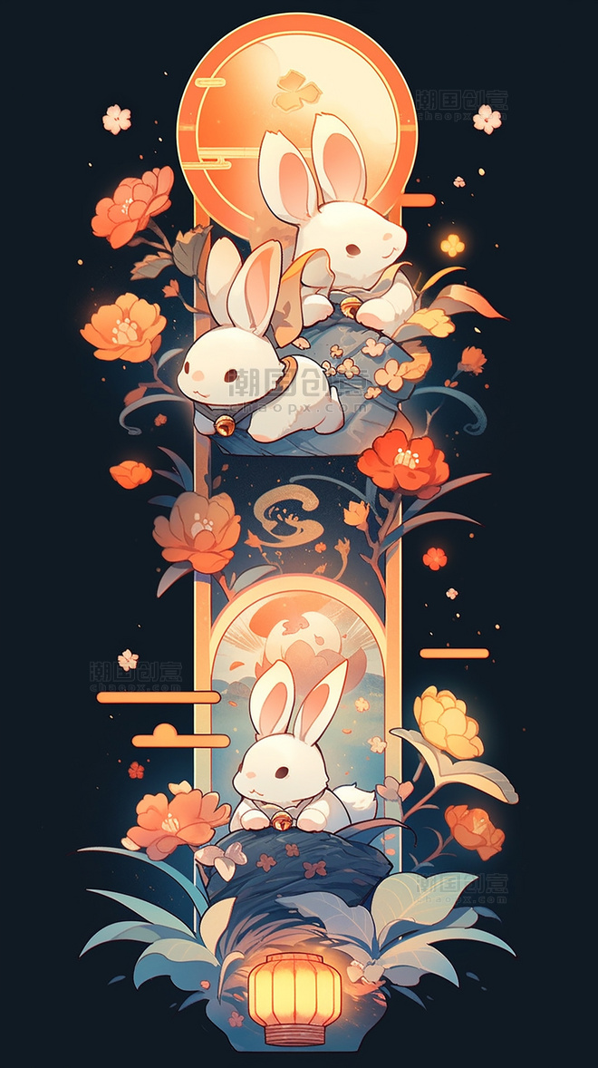 月饼月亮灯笼扁平插画创意插画 中秋节中国传统节日可爱的兔子