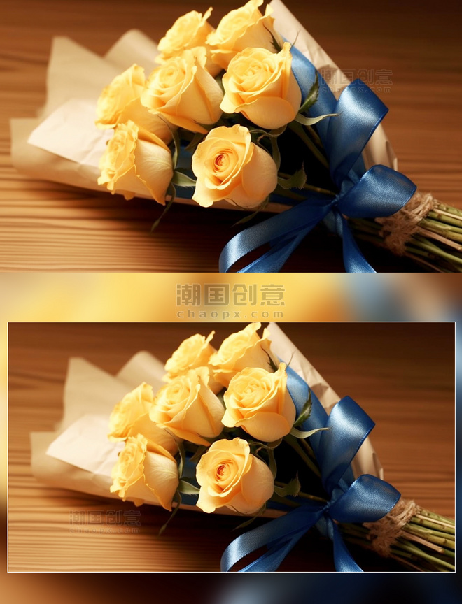 桌面上的一束黄玫瑰浪漫花束背景