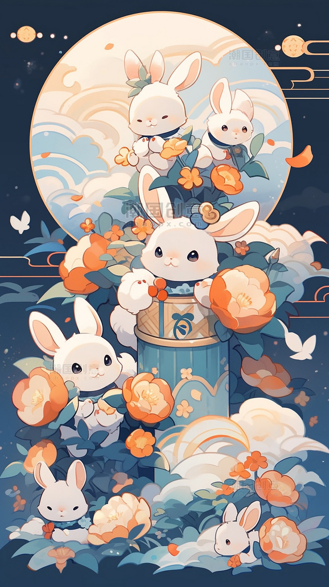 扁平插画创意插画中秋节中国传统节日可爱的兔子月饼月亮灯笼