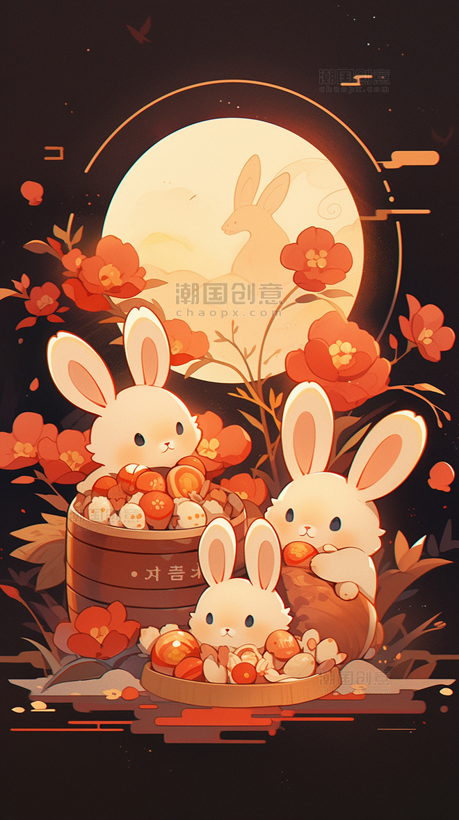 中秋节扁平插画创意插画传统节日可爱的兔子月饼月亮灯笼