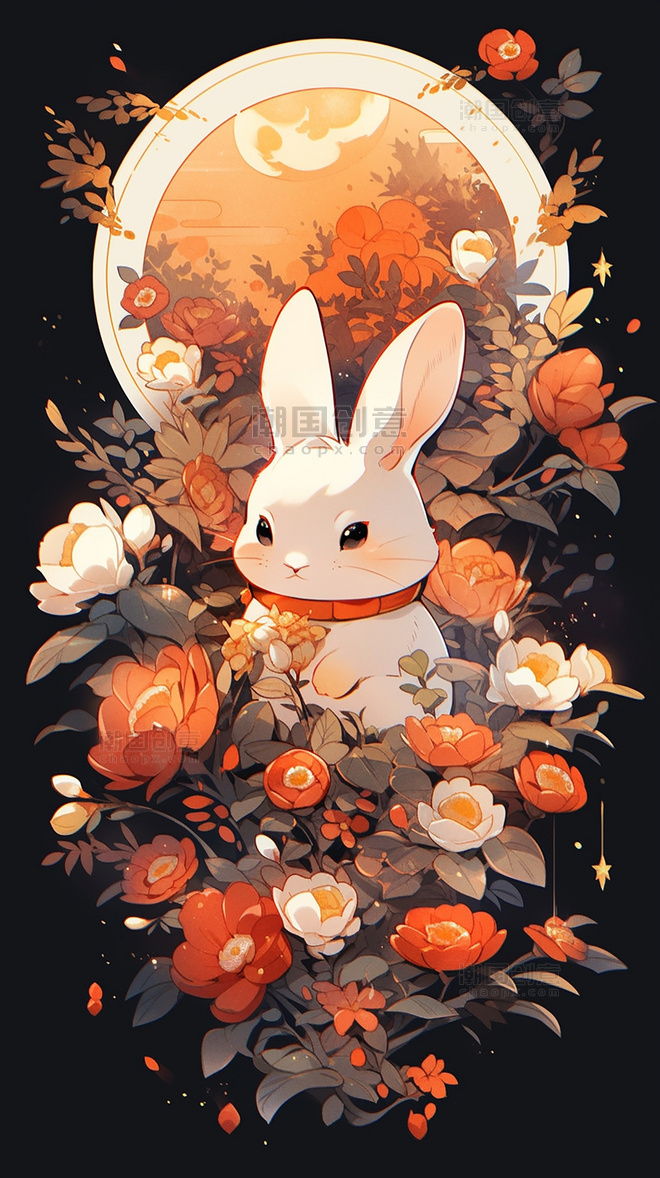 中国传统节日中秋节可爱的兔子月饼月亮桂花灯笼插画