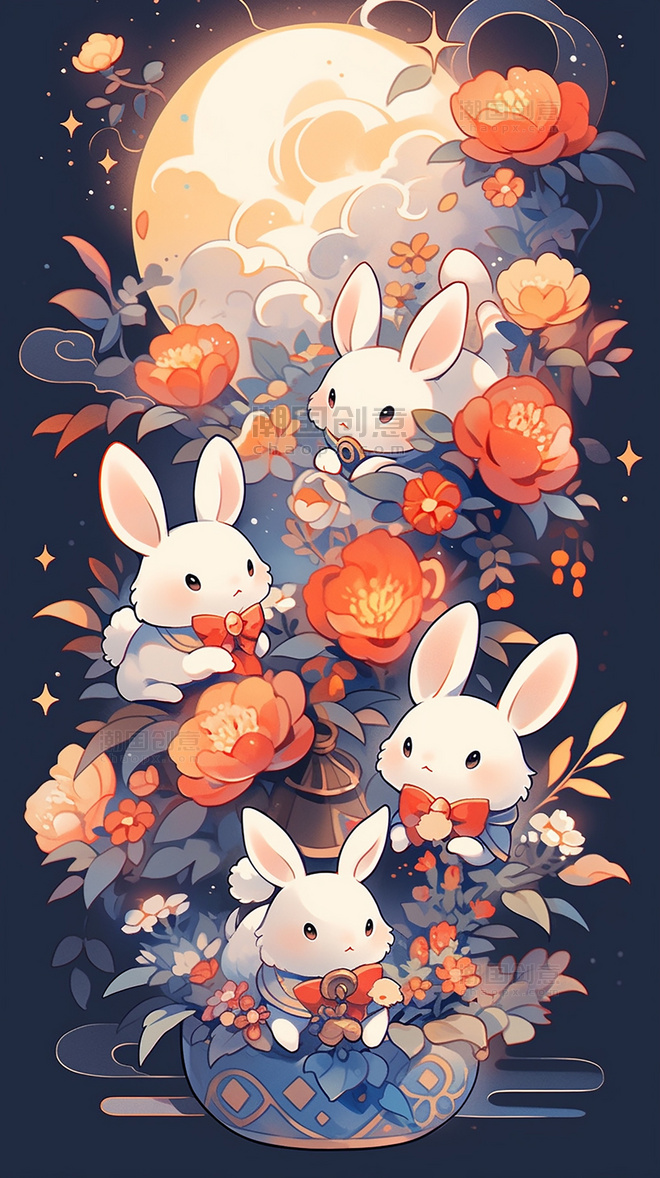 中国传统节日可爱的兔子中秋节月饼月亮桂花灯笼插画