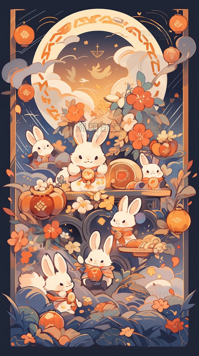 中国传统节日中秋节可爱的兔子灯笼插画月饼月亮桂花