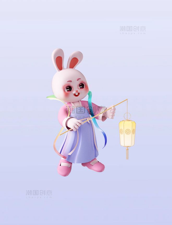 3D立体中秋节可爱拟人兔子提灯笼形象