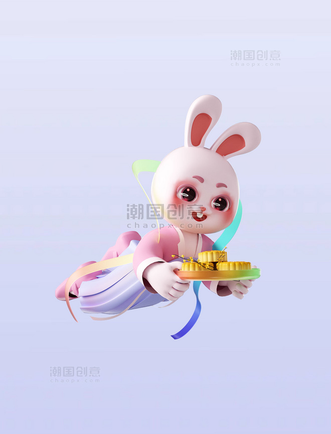 中秋节3D立体可爱拟人兔子端月饼形象