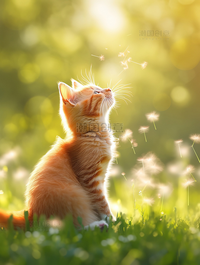 可爱小猫在草地上蒲公英玩耍摄影图