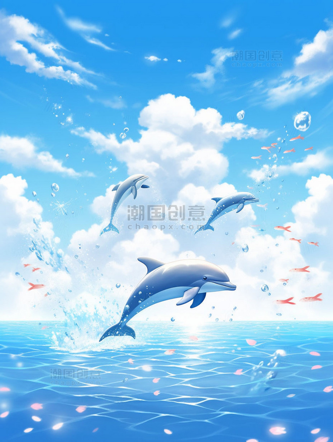 海豚跃水漫画风格海面上蓝天白云插画2