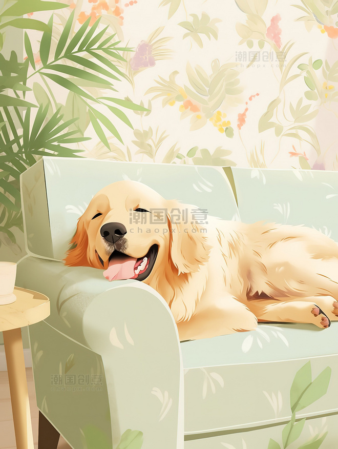 可爱的金毛犬躺在客厅沙发上舒适插画