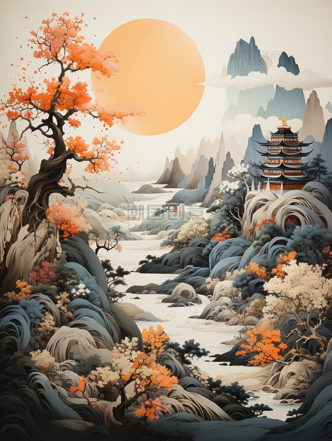 中国风唯美意境山水河流风景插画