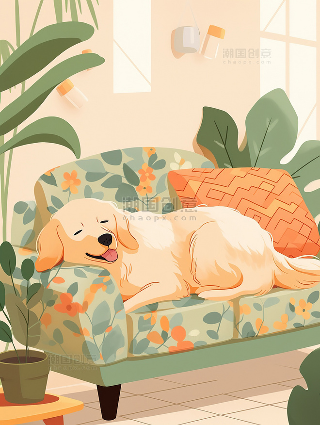 可爱的金毛犬悠闲躺在客厅沙发上插画