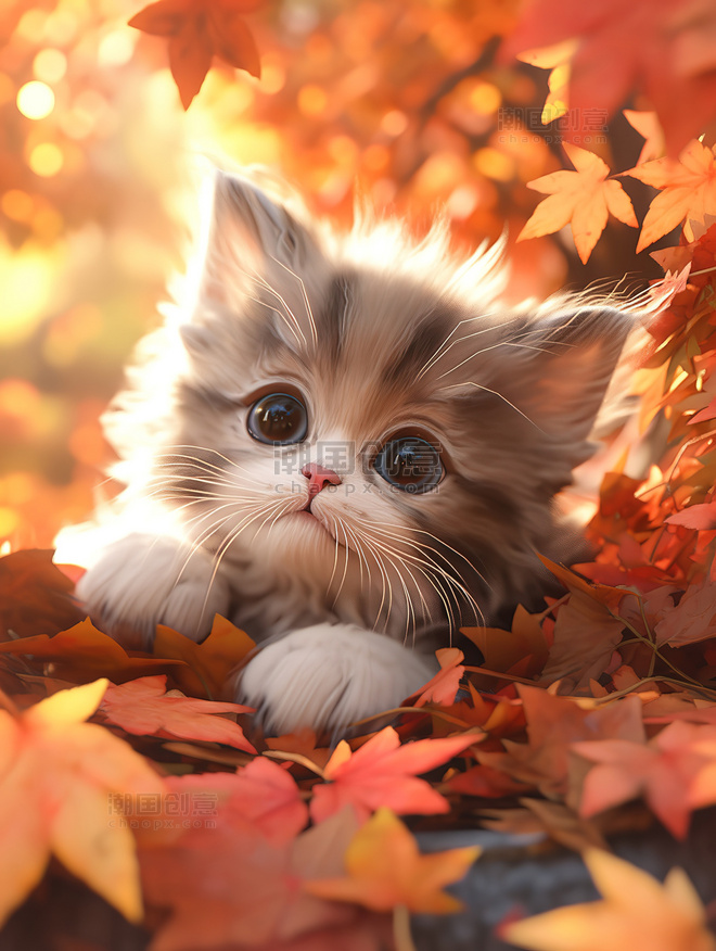 秋天枫叶落叶可爱的小猫动物摄影图