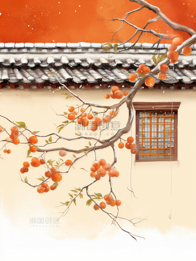 唯美中国风墙外的柿子树霜降节气插画8