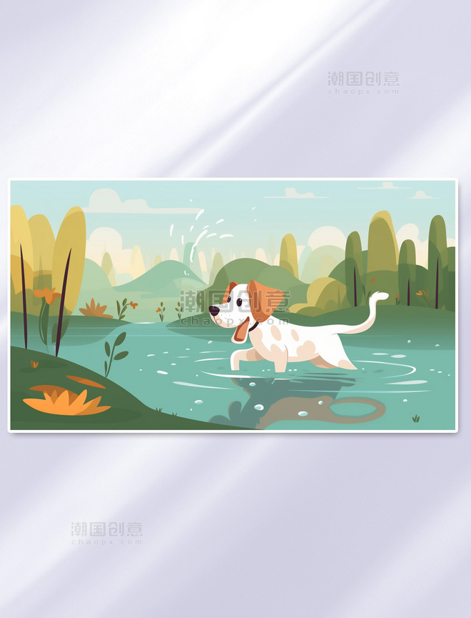 唯美可爱的狗狗在池塘玩耍