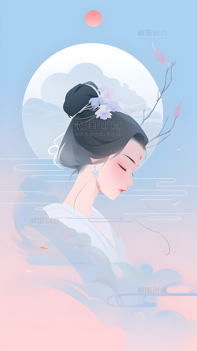新式淡雅蓝粉色系中国风古风美女人物形象插画