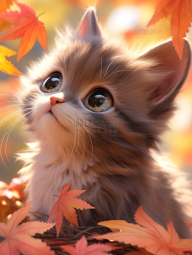 秋天枫叶落叶可爱的小猫宠物插画摄影图