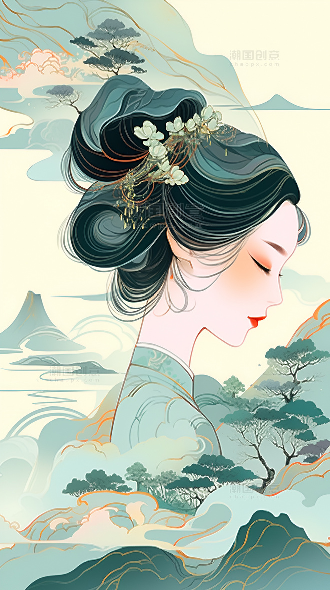 新式淡雅绿色系中国风古风美女人物形象插画