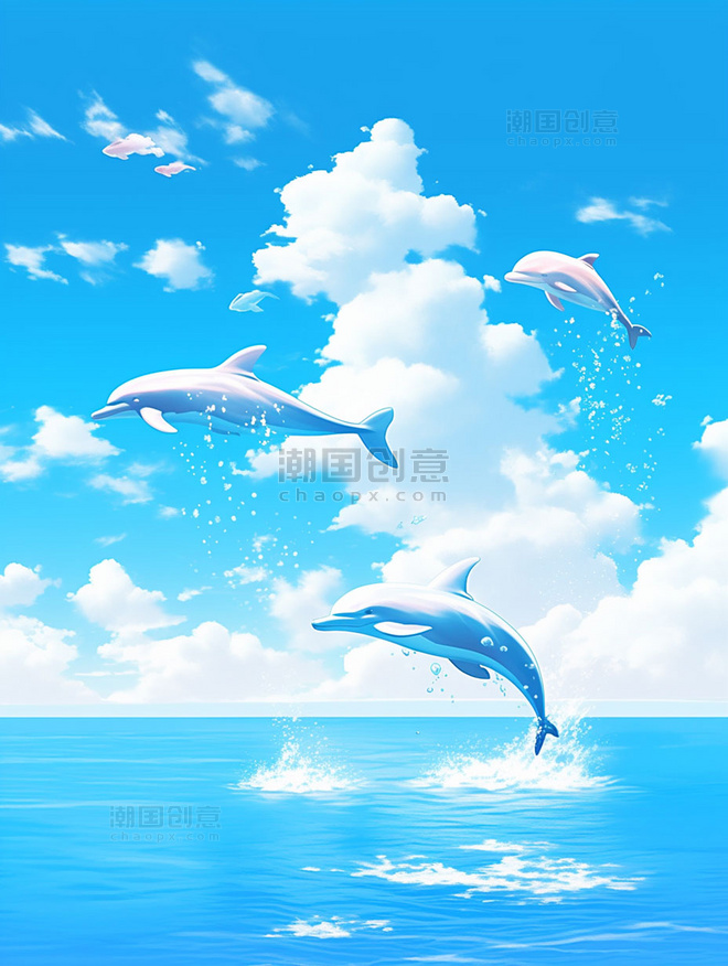 海豚跃水漫画风格海面上蓝天白云插画1