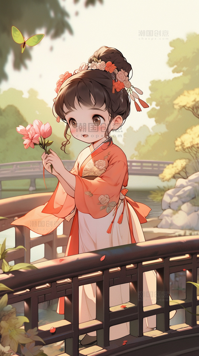 手绘卡通穿汉服在桥上赏花的女孩唐风人物插画