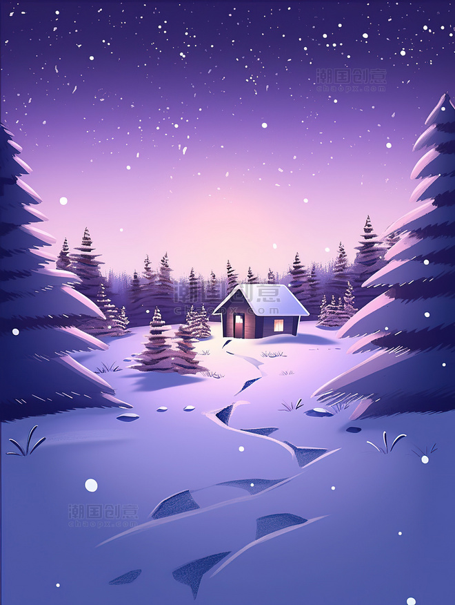 白雪皑皑的夜晚乡村小路节气插画