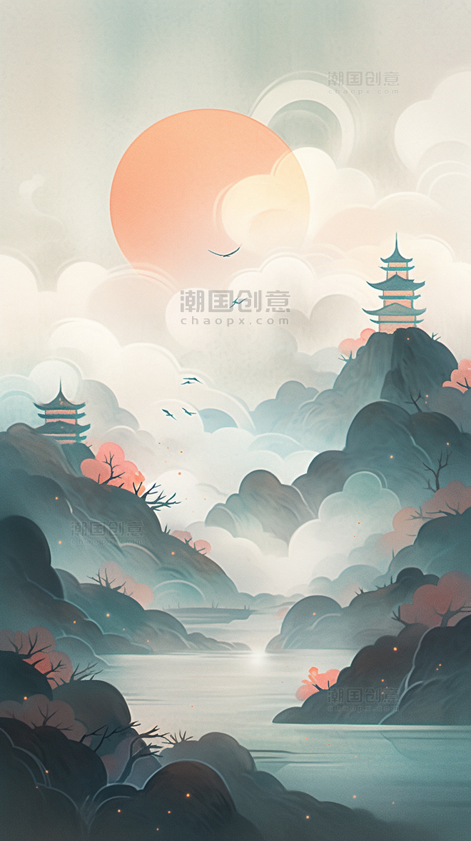中国风新中式淡彩山水风景插画