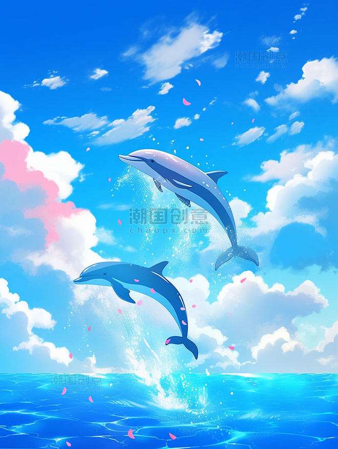海豚跃水漫画风格海面上蓝天白云插画3