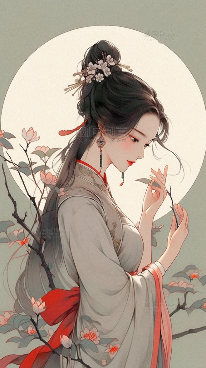 古风中国风月亮下的女子