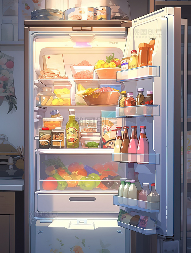 夏季打开冰箱各种饮料插画
