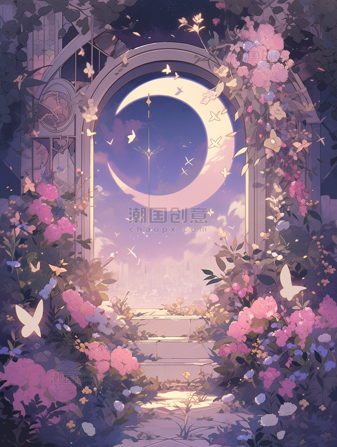紫色梦幻天空浪漫月亮花园插画
