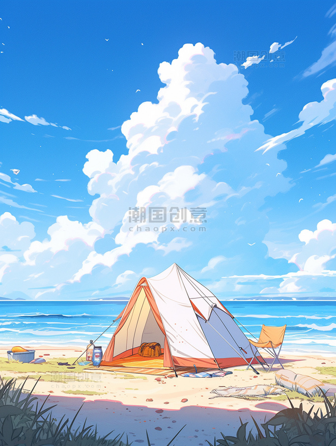 夏季唯美海边沙滩帐篷风景插画9