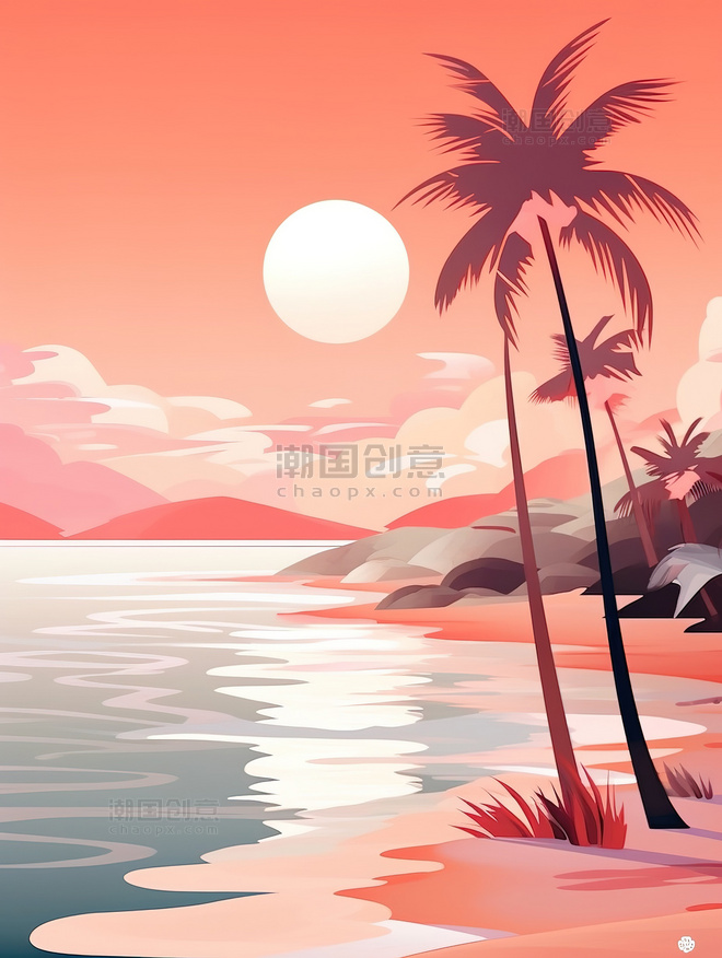 夏天完美的海滩之夜浅橙色日落插画