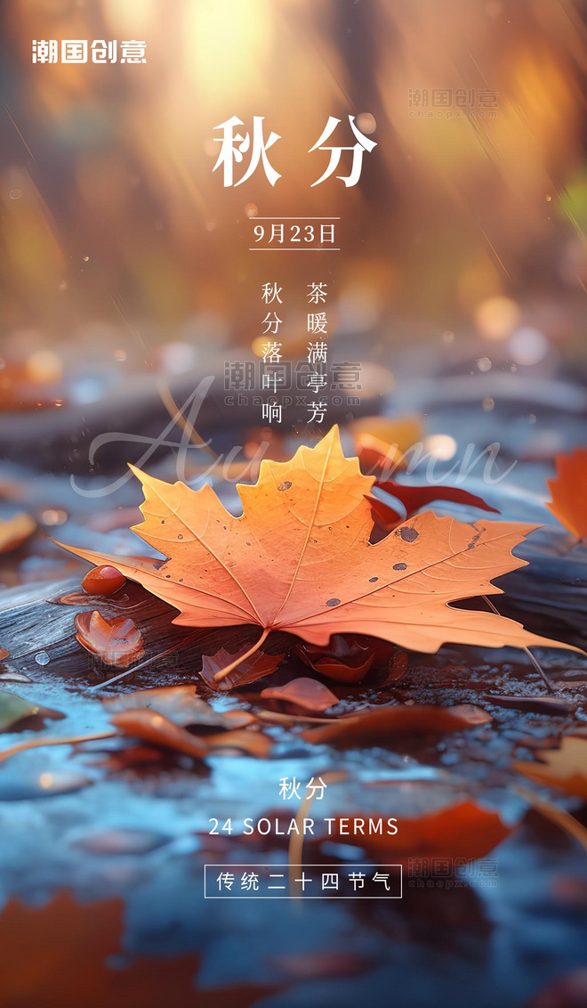 二十四节气秋分秋天枫叶落叶棕色橙色AICG插画海报