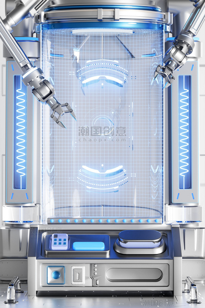 3D立体银蓝色科技风玻璃商品展示柜展台电商场景