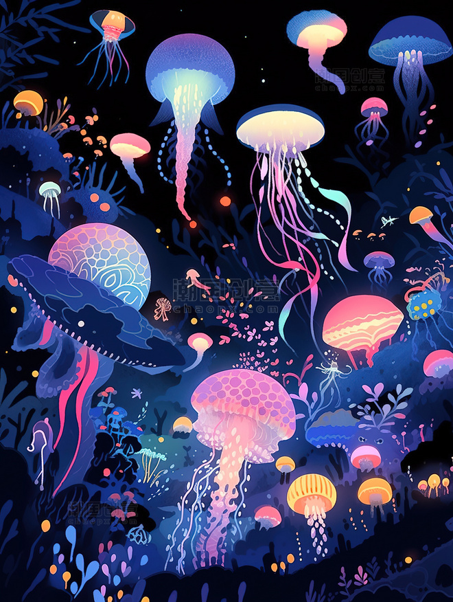 海底世界中神秘深海水母插画