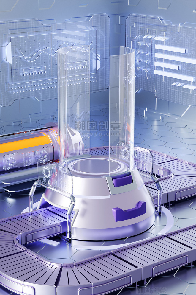 紫色科技风3D立体玻璃质感科技产品展示柜电商场景