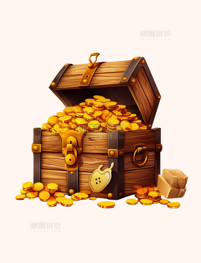木箱和装有金币的大旧袋子元素