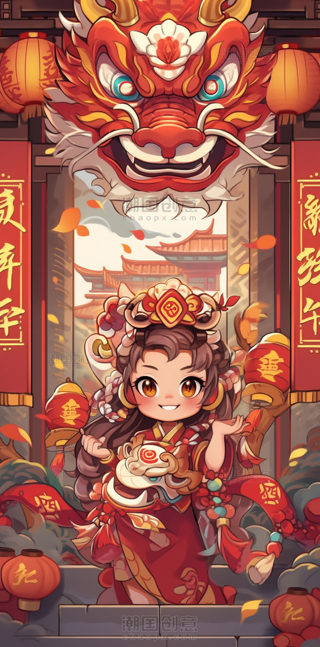 中国风格的卡通龙卡通可爱的中国龙新年龙醒狮过年