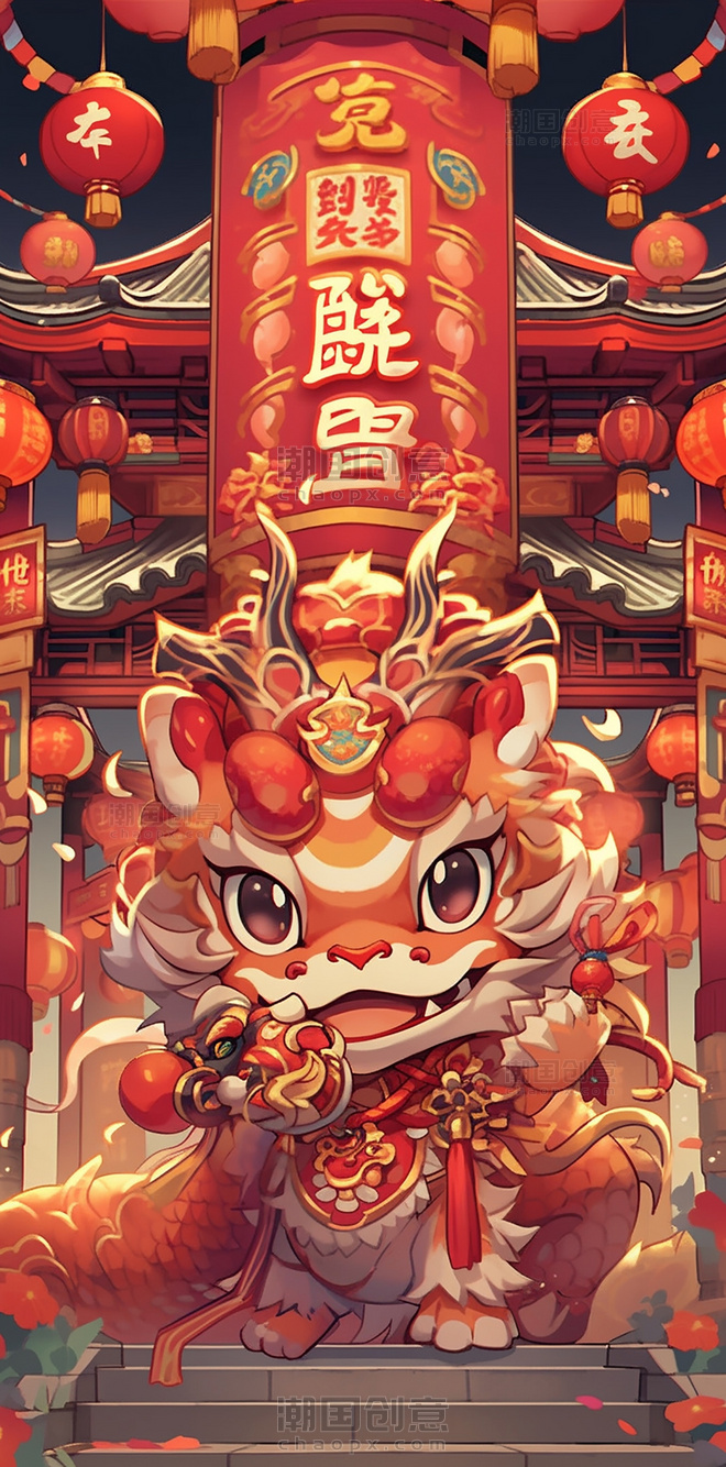 卡通可爱的中国龙新年龙中国风格的卡通龙醒狮