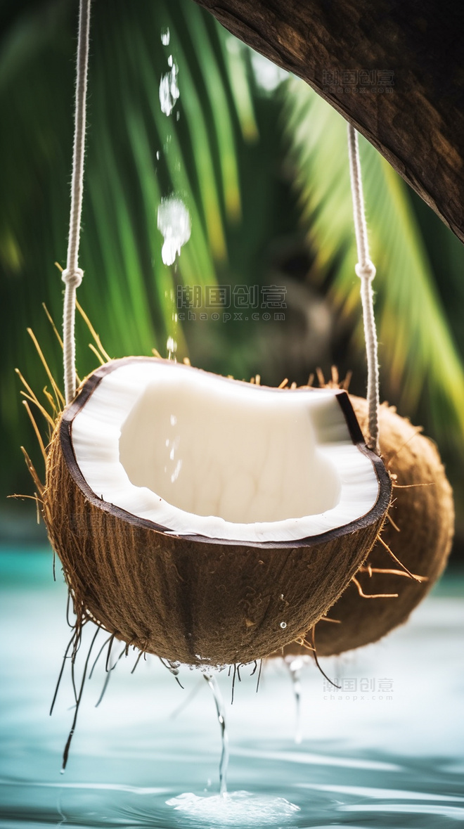 椰子树上悬挂着的椰子飞溅的水珠高清水果摄影图