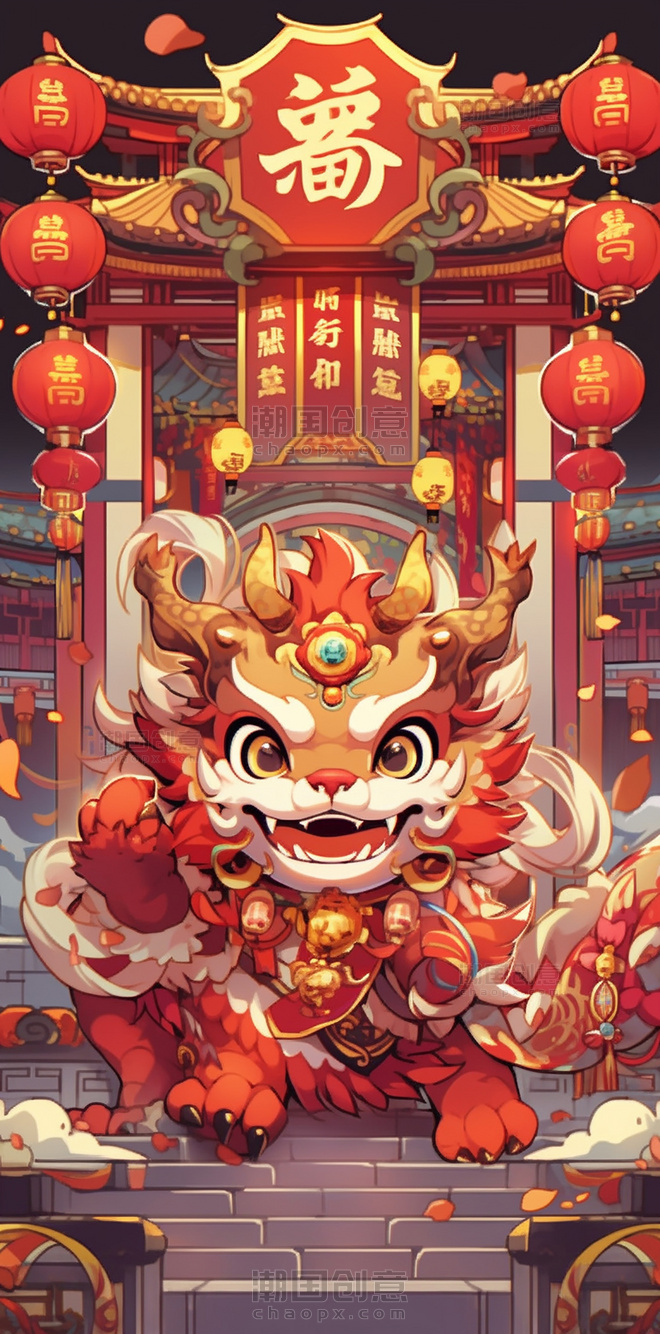  国潮风中国龙中国风格的卡通龙醒狮过年新年龙